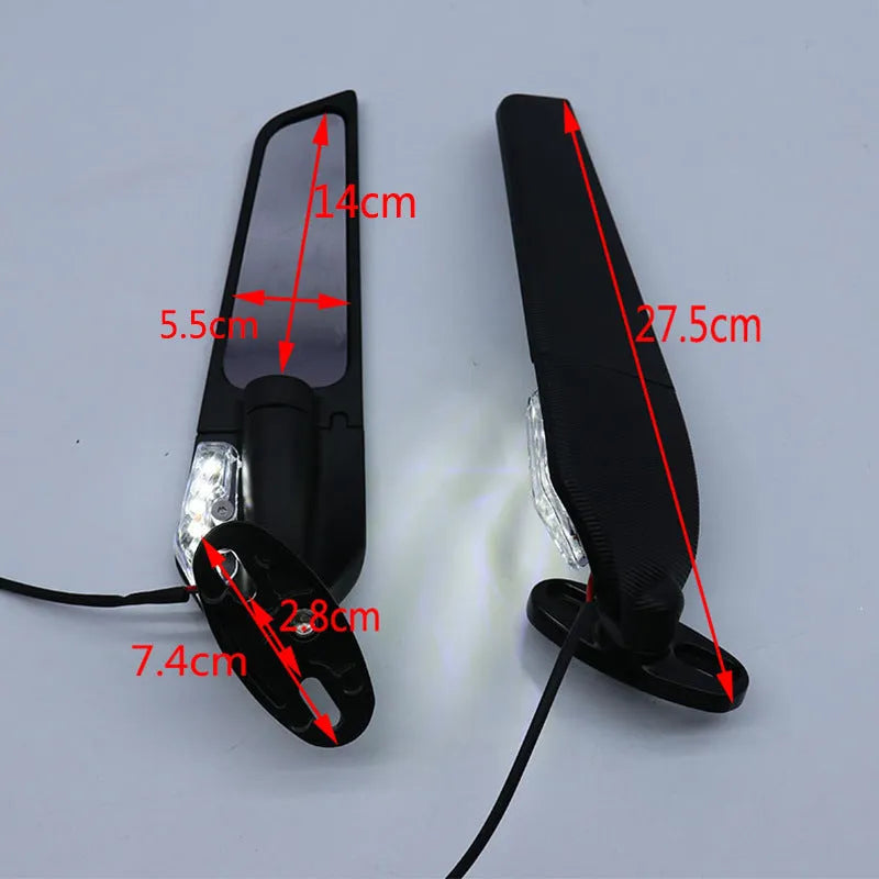 Pair of yellow aluminium motorcycle spoiler rearview mirrors with convex glass lenses and integrated side lights.