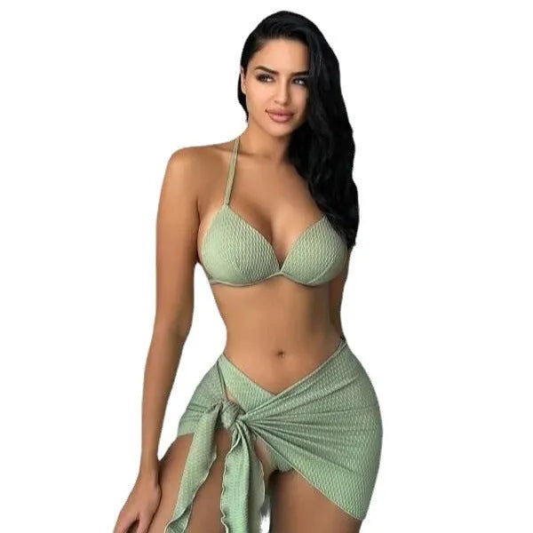 Women's three-piece swimsuit set with Russian split skirt in avocado green colour