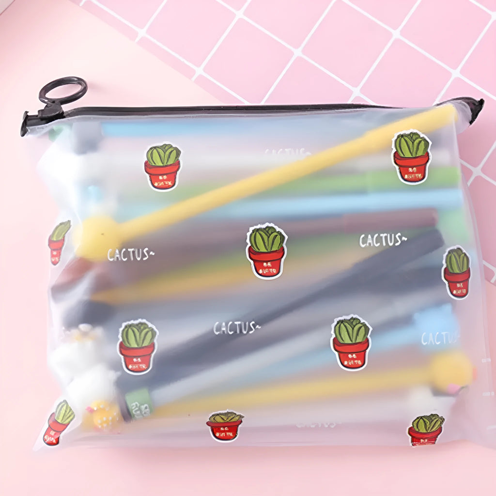 Marvel branded plastic case open to show twenty cartoon cactus design black pens with 0.5mm tips.