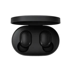 Black Redmi AirDots true wireless earbuds and charging case on a white background.