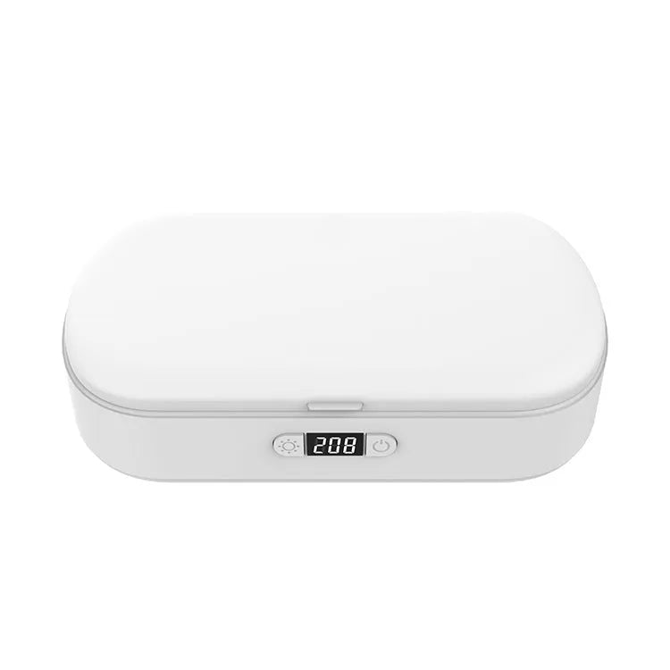 White ABS plastic wireless UV steriliser box for mobile phones and jewellery disinfection.