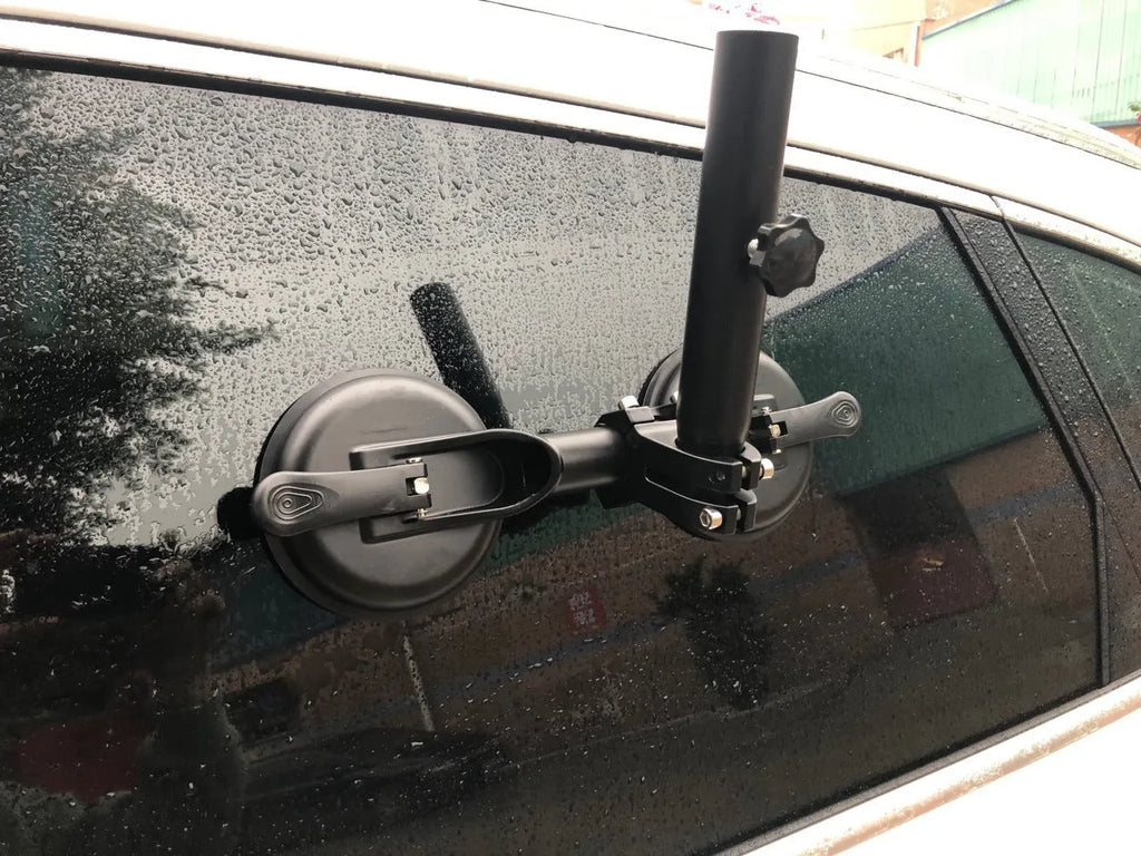 Black round car windscreen sucker base with ABS body and rubber suction cup for off-road flag mounting.