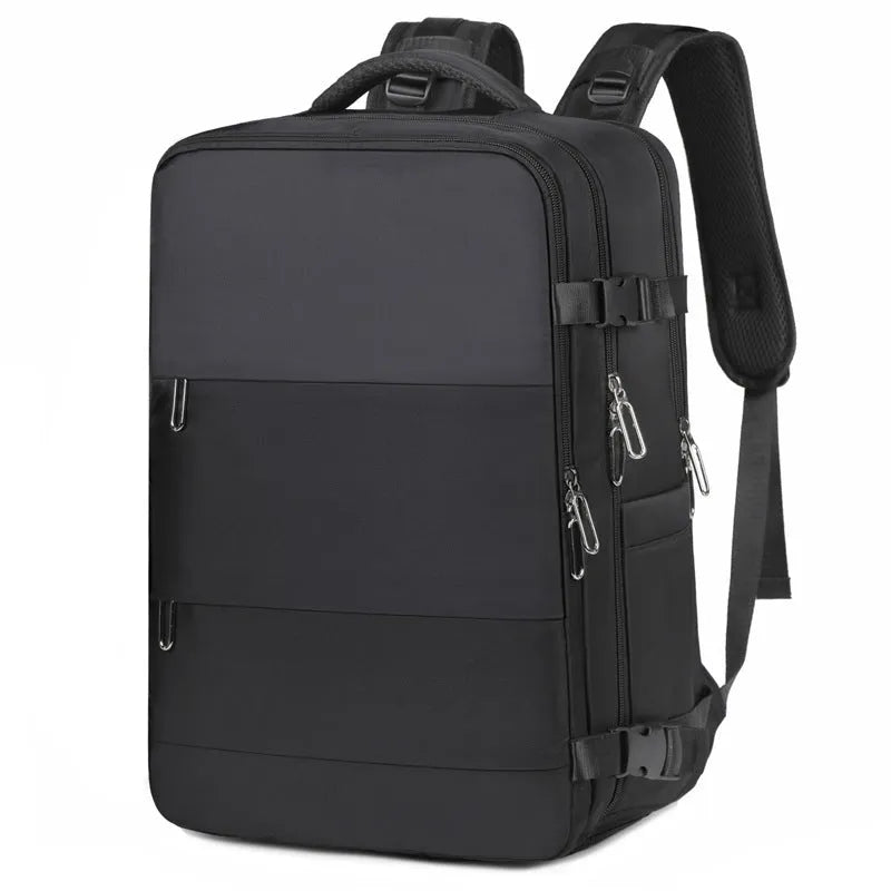 Large purple travel backpack with multiple compartments and air pillow shoulder straps