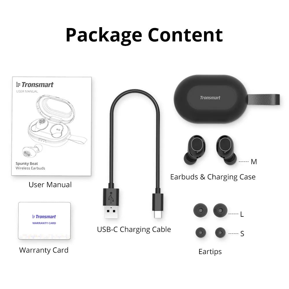 Tronsmart Spunky Beat wireless Bluetooth earphones in a charging case