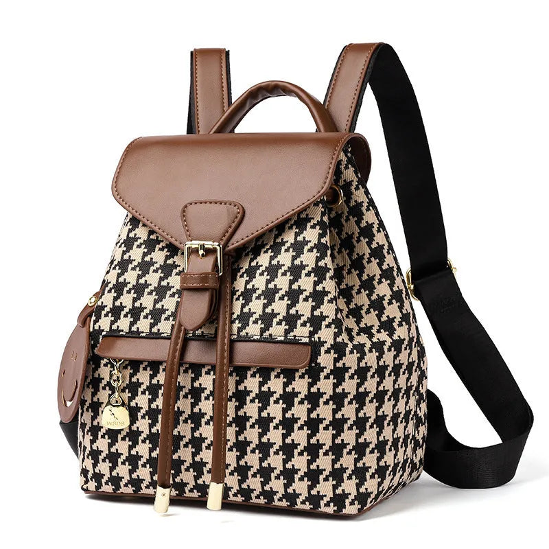 Women's houndstooth backpack in Ostrich with Khaki colour, medium size cylindrical shape with car stitching and contrast colour details