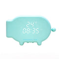 Blue multifunctional LED alarm clock showing time and temperature with USB charging port