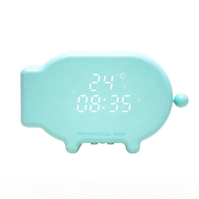 Blue multifunctional LED alarm clock showing time and temperature with USB charging port