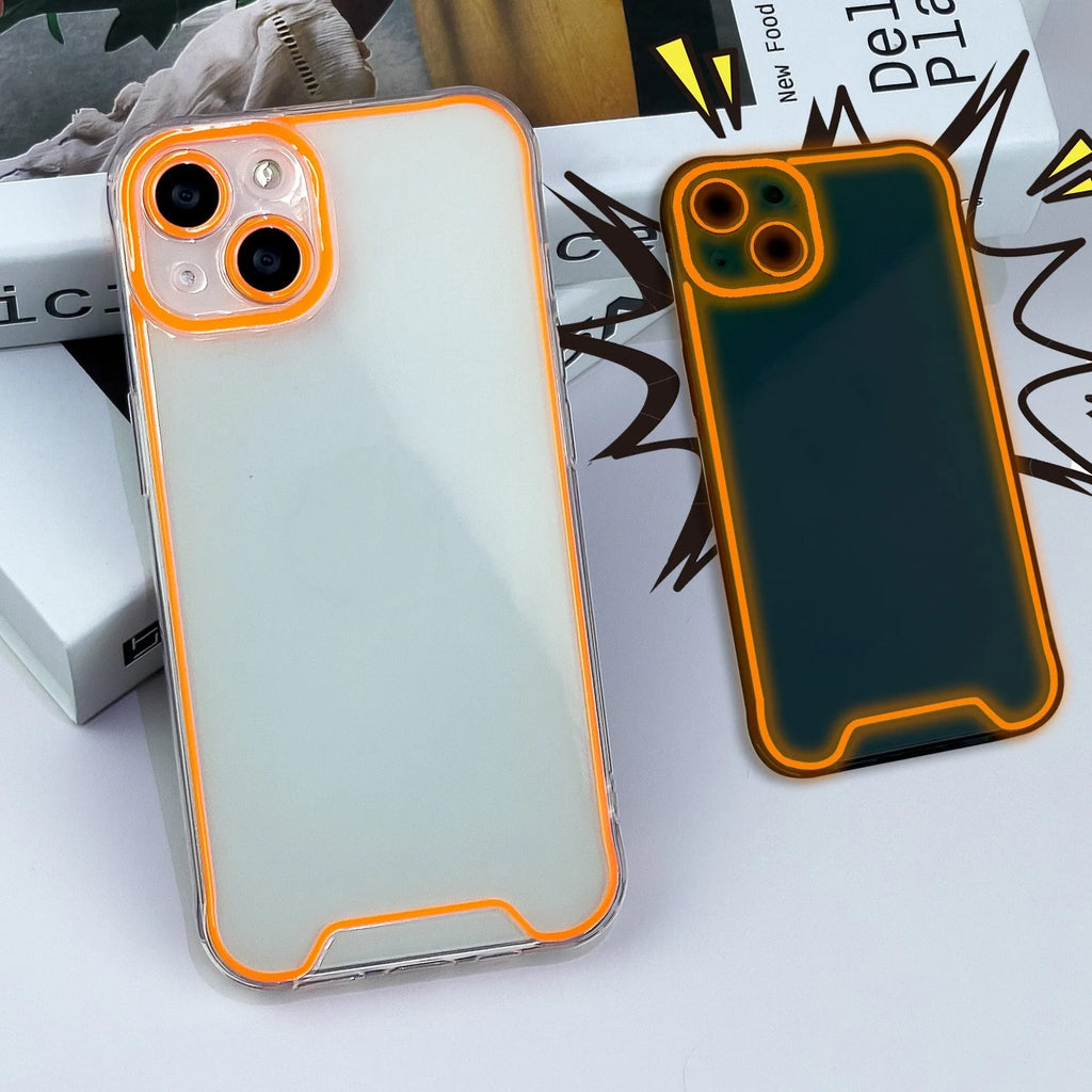 Glow in the dark Christmas soft shell phone case for iPhone in green, orange, blue, yellow, or pink.