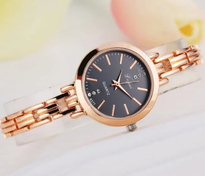 Women bracelet quartz wristwatch round dial silicone strap alloy case pin buckle silver rose gold