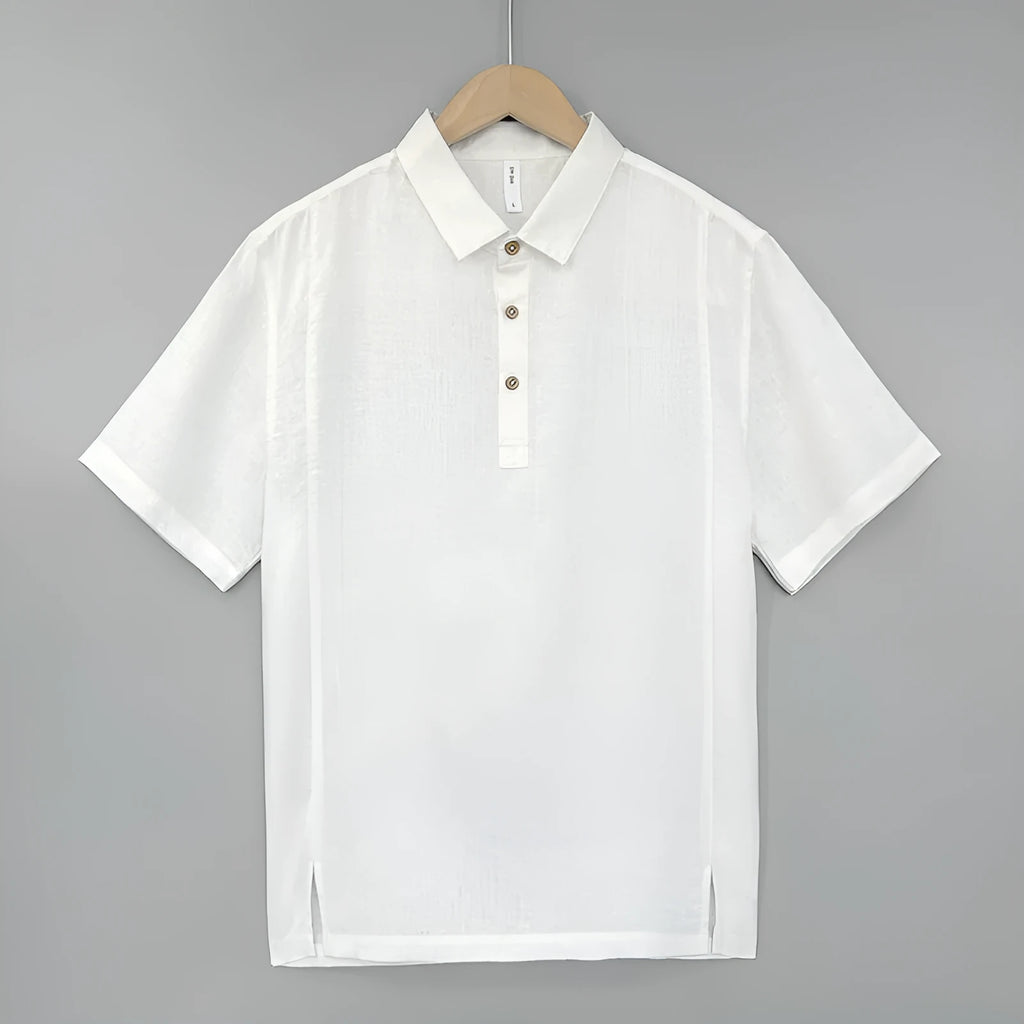 Men's loose-fit linen summer top with thin lapels and short sleeves in grey green colour.