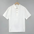 Men's loose-fit linen summer top with thin lapels and short sleeves in grey green colour.