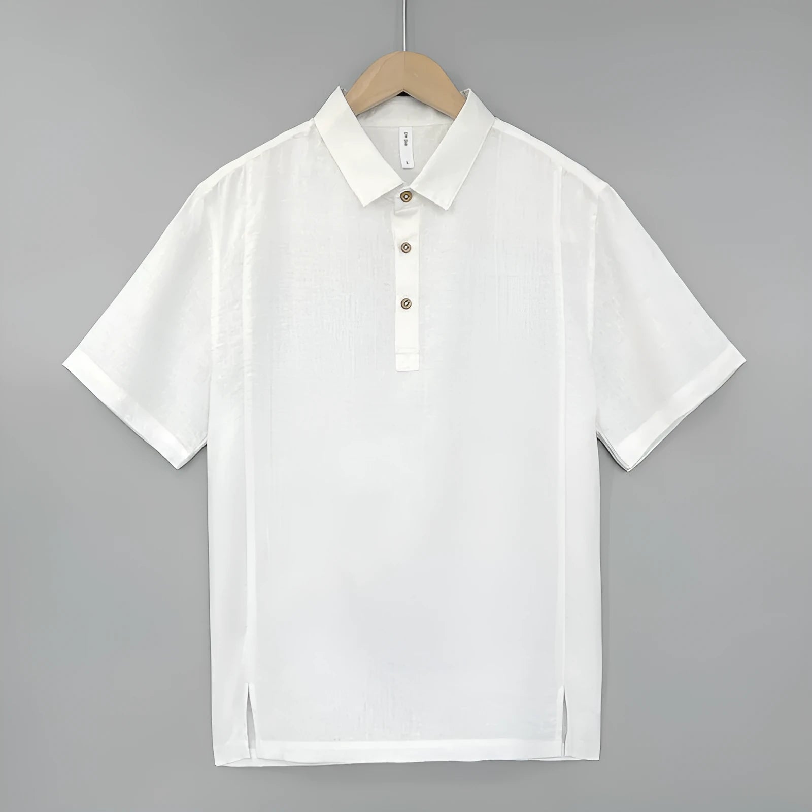 Men's loose-fit linen summer top with thin lapels and short sleeves in grey green colour.