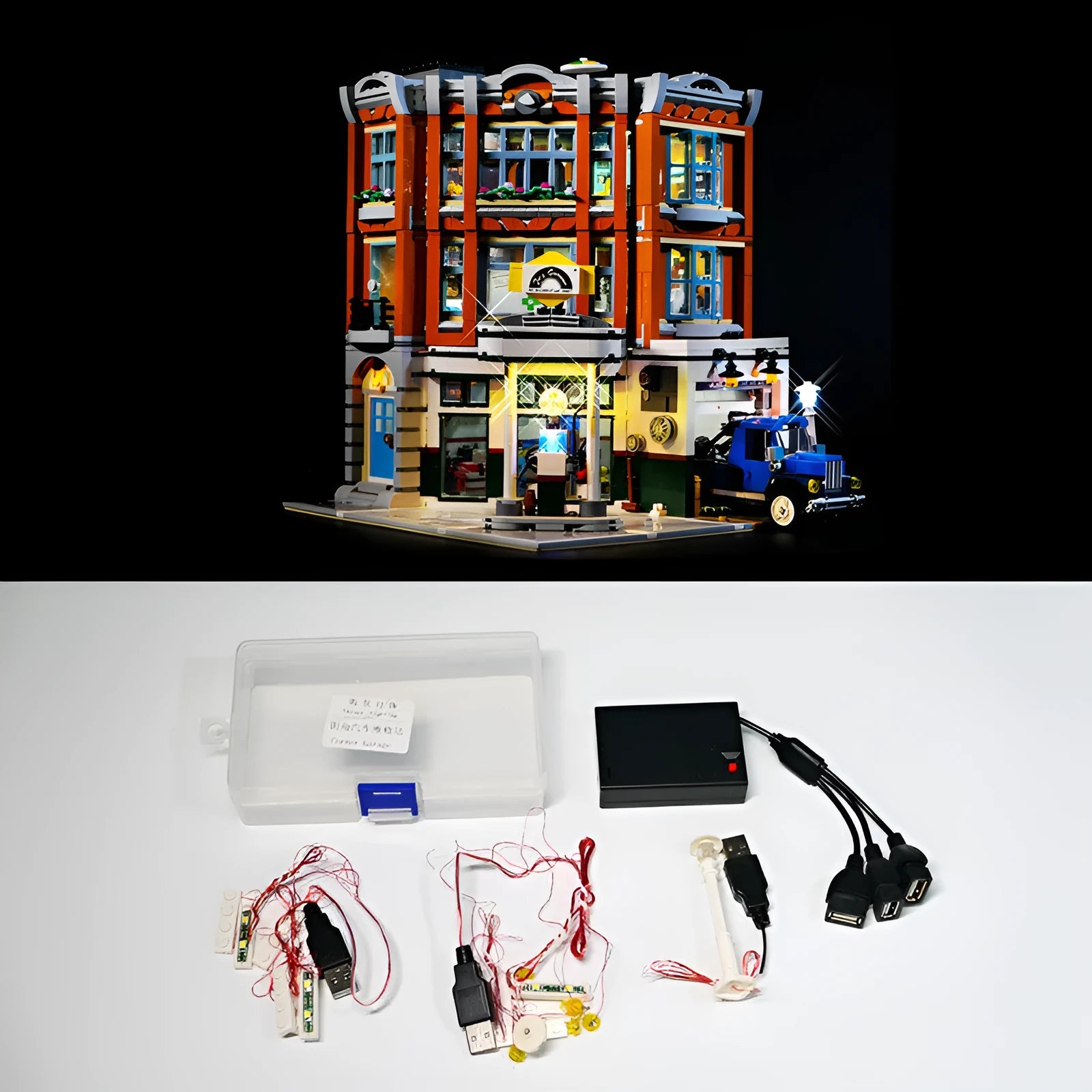 MOC LED lighting accessories kit with plastic components for architectural model corner shop lighting effects