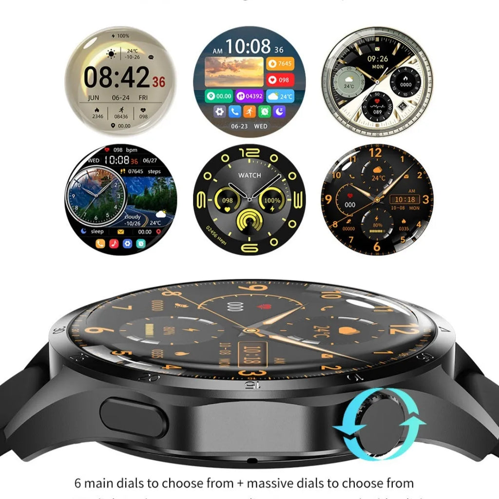 Black Bluetooth smartwatch with TFT touch screen shown with silicone and Milan net strap options.