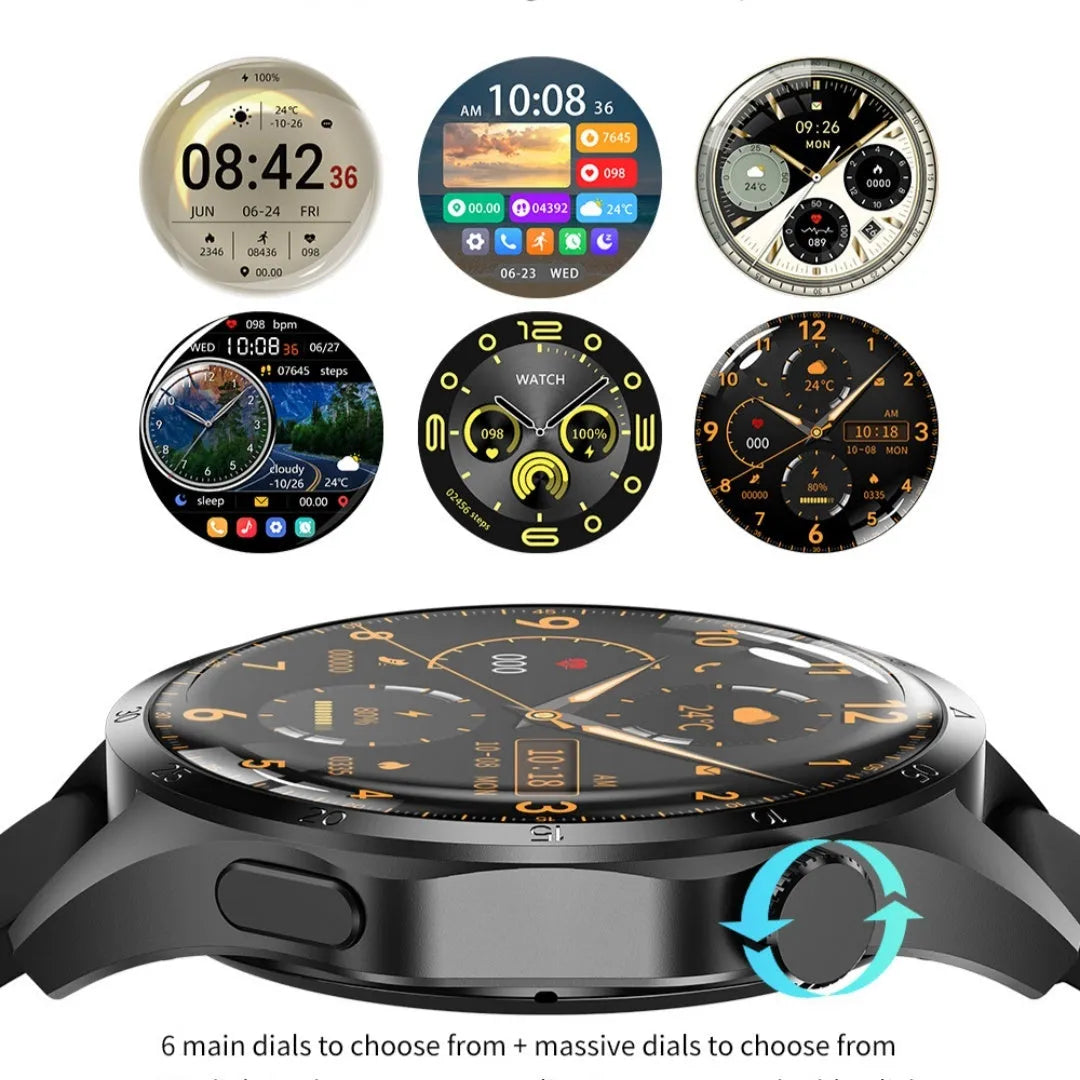 Black Bluetooth smartwatch with TFT touch screen shown with silicone and Milan net strap options.