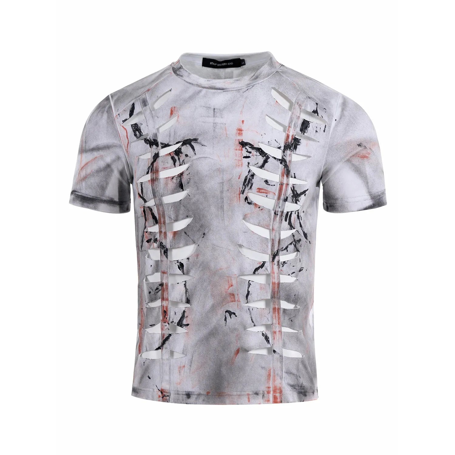 White men's cotton t-shirt with hollow-out cut detailing and short sleeves