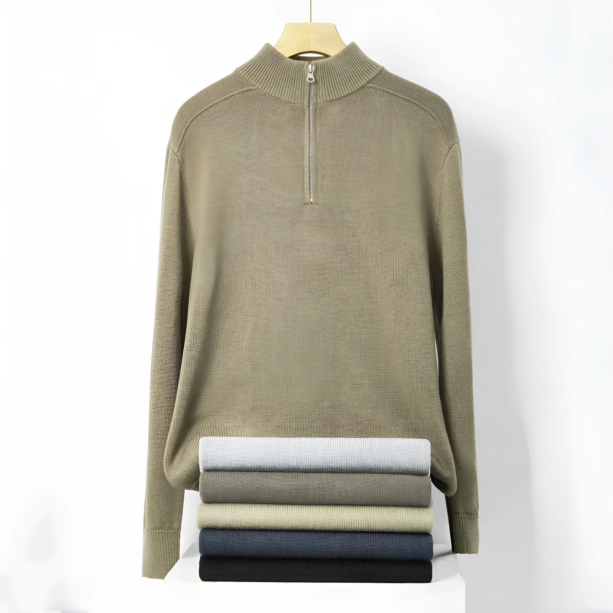 Men's casual thickened wool pullover sweater in slim fit, shown in one of six available colours.