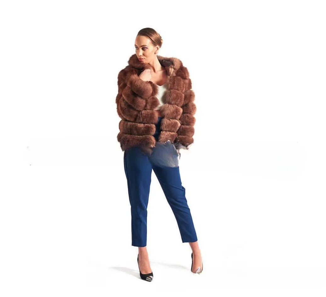 Women's loose artificial fur hooded coat in brown and white silver fox colours, medium length 65cm street fashion outerwear
