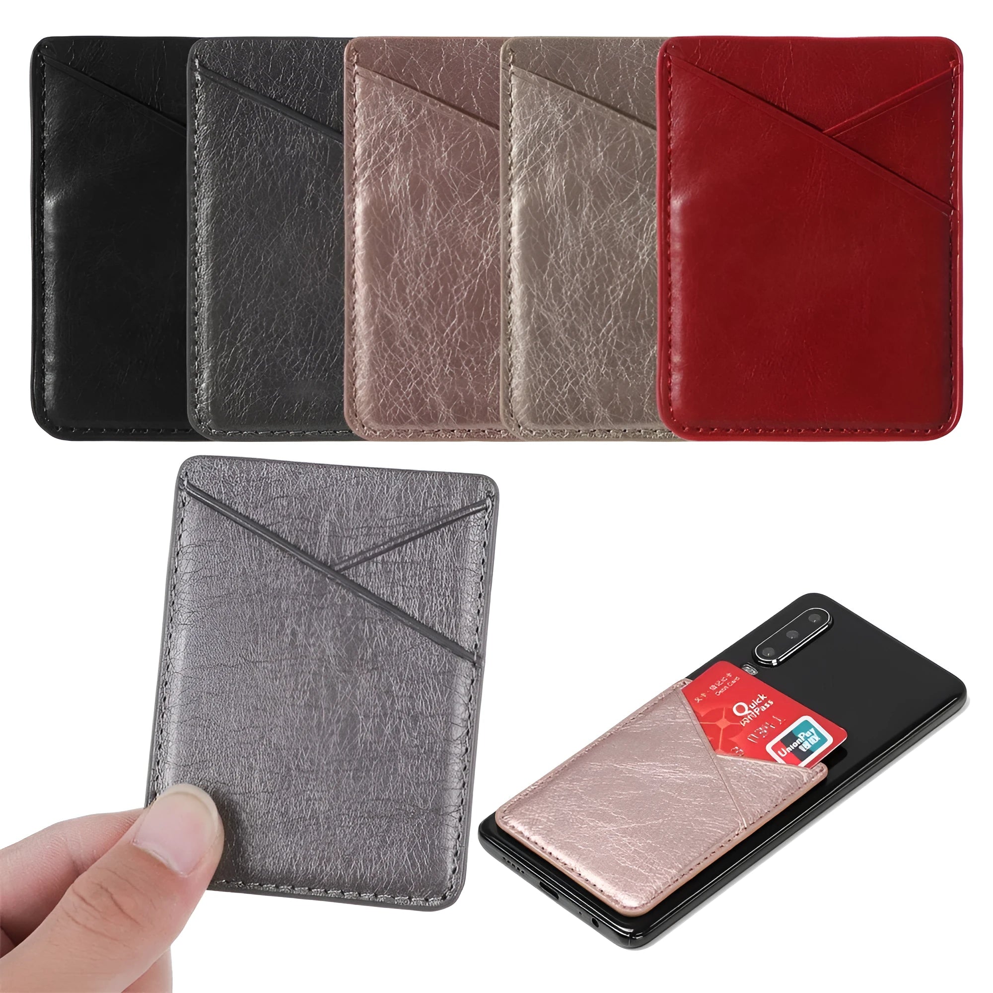 PU leather mobile phone sticker card holder in black and pink foldable design for ID cards