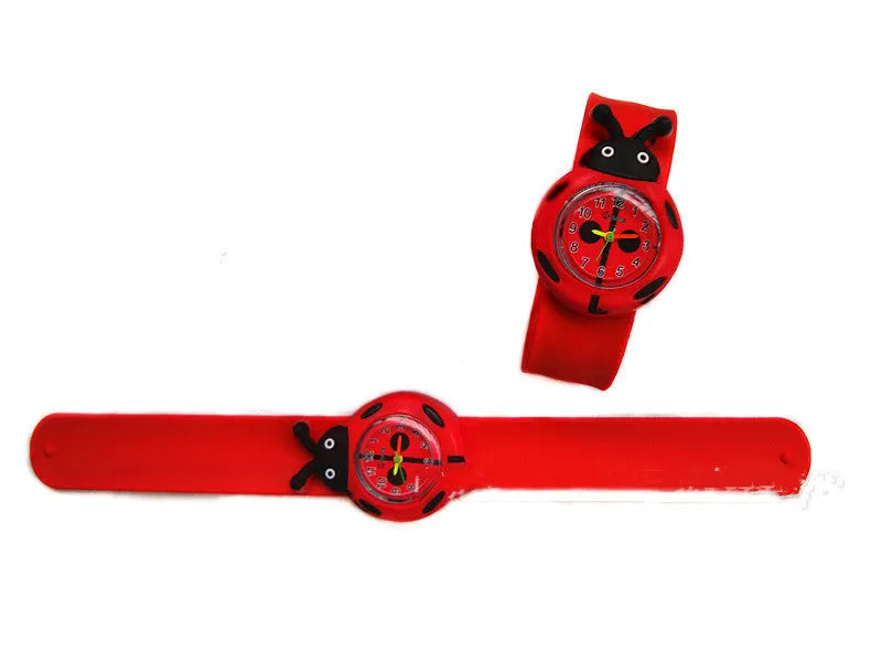 3D cute cartoon kids silicone watch with a 3.6cm face in a Black panda design showing the time on a white background