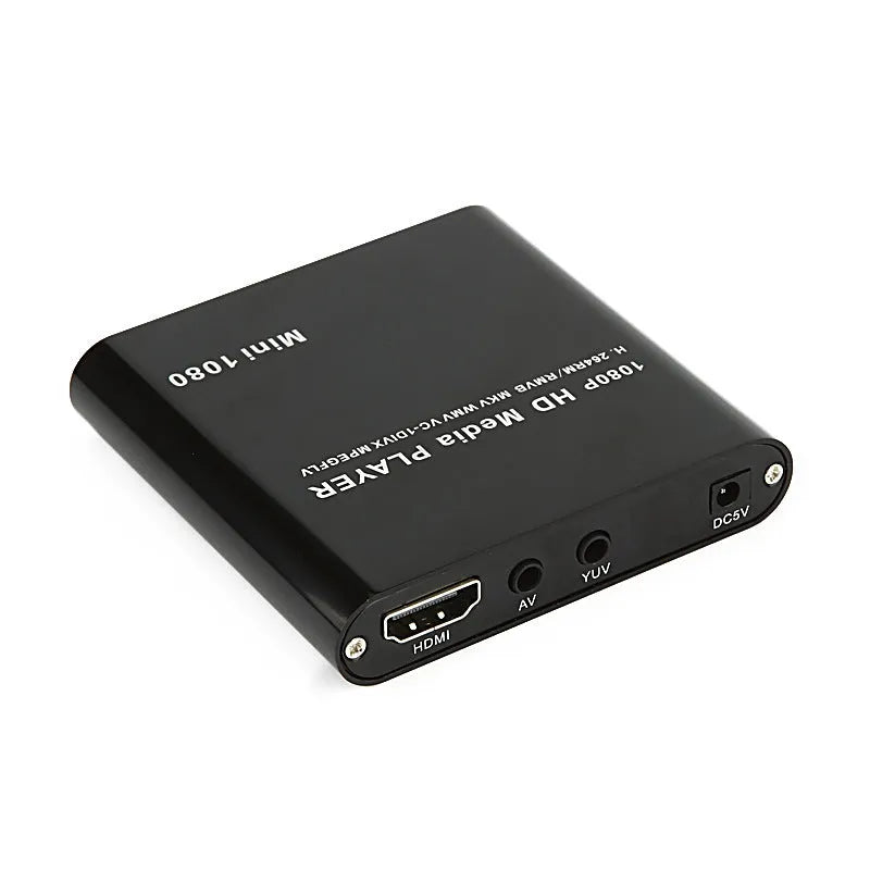 Compact black or blue 1080p Full HD media player with HDMI port, SD card slot and USB input