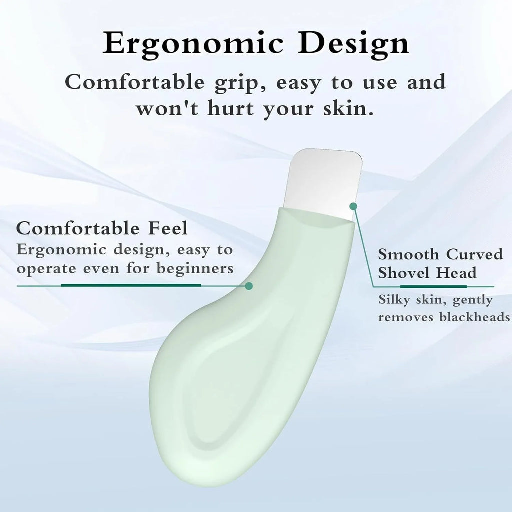 Green stainless steel blackhead scraper tool with a non-slip handle for facial pore cleaning.