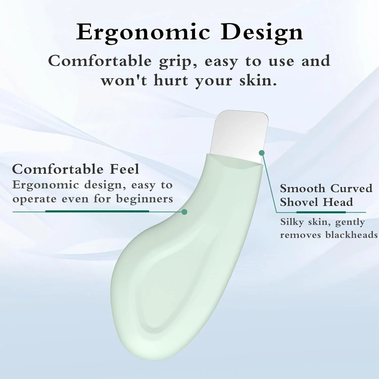 Green stainless steel blackhead scraper tool with a non-slip handle for facial pore cleaning.