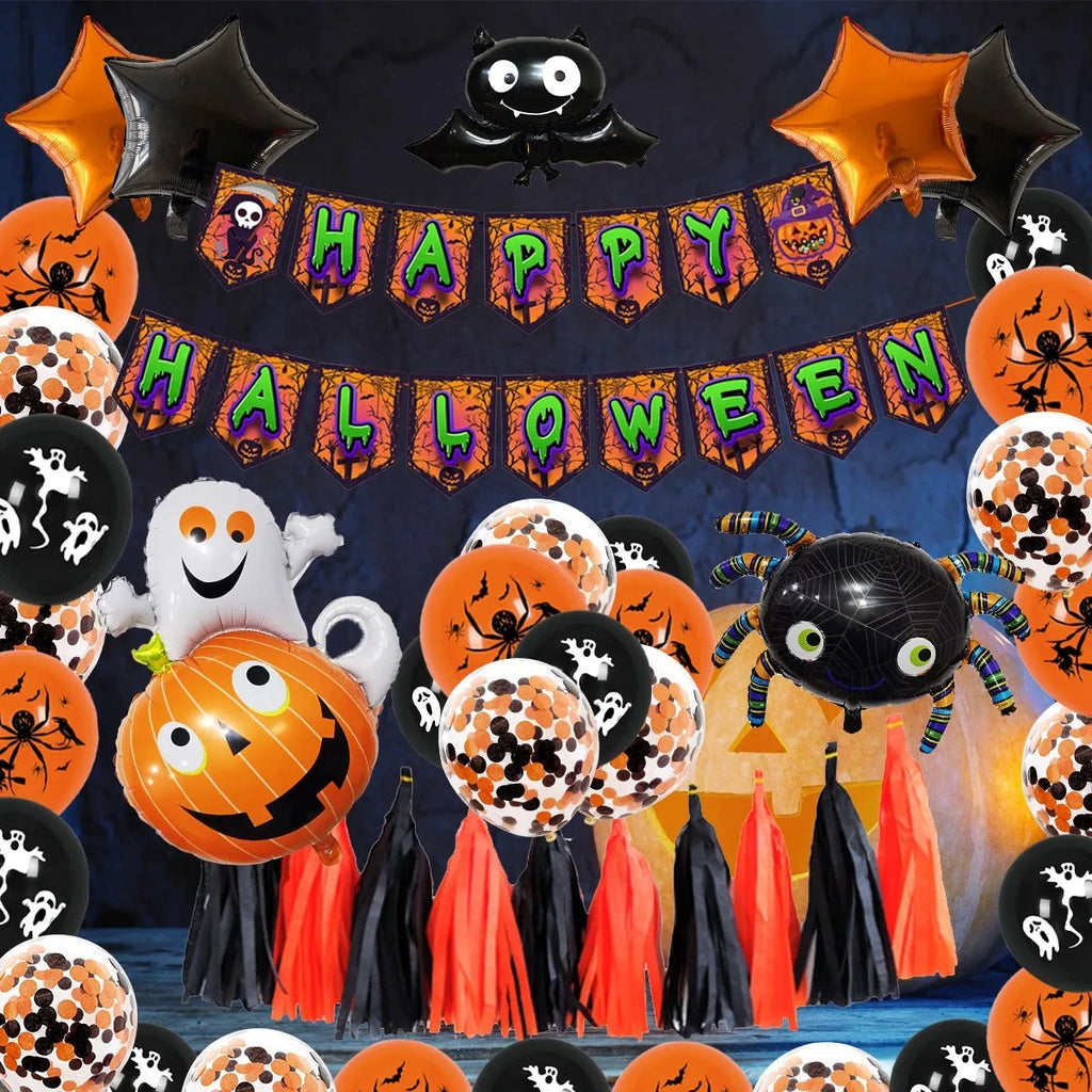Halloween balloon decoration kit with spider arch, skull and pumpkin designs in white and black colours