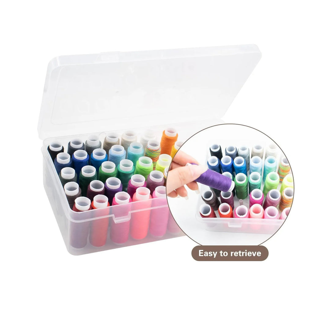 Plastic storage box with 42 small compartments for sewing threads and craft supplies.