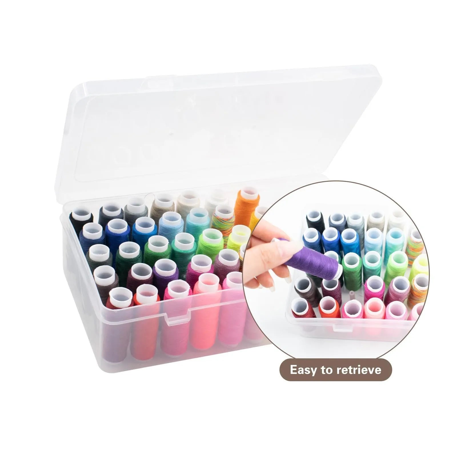 Plastic storage box with 42 small compartments for sewing threads and craft supplies.