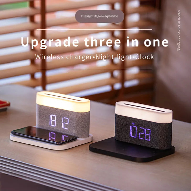 Black and white wireless charging desk lamp with digital clock display and night light function