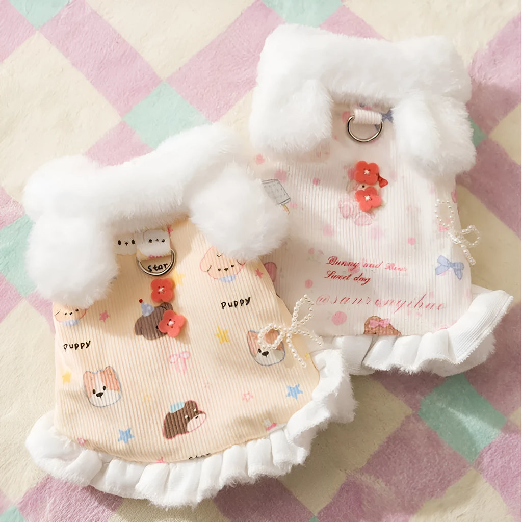 Winter fleece teddy dress with 3D ears for small dog in white, button closure and hood