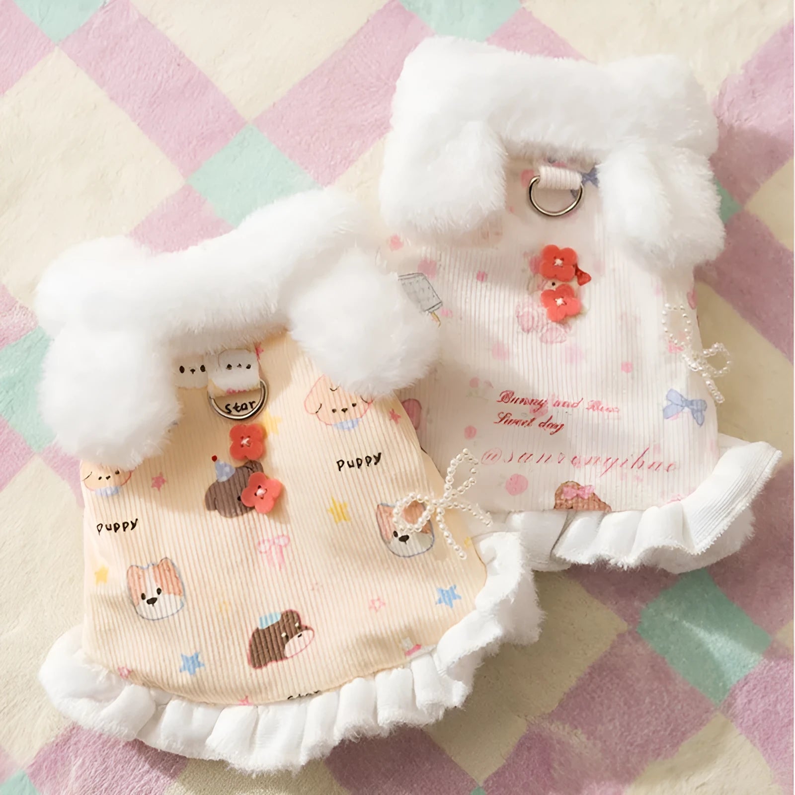 Winter fleece teddy dress with 3D ears for small dog in white, button closure and hood