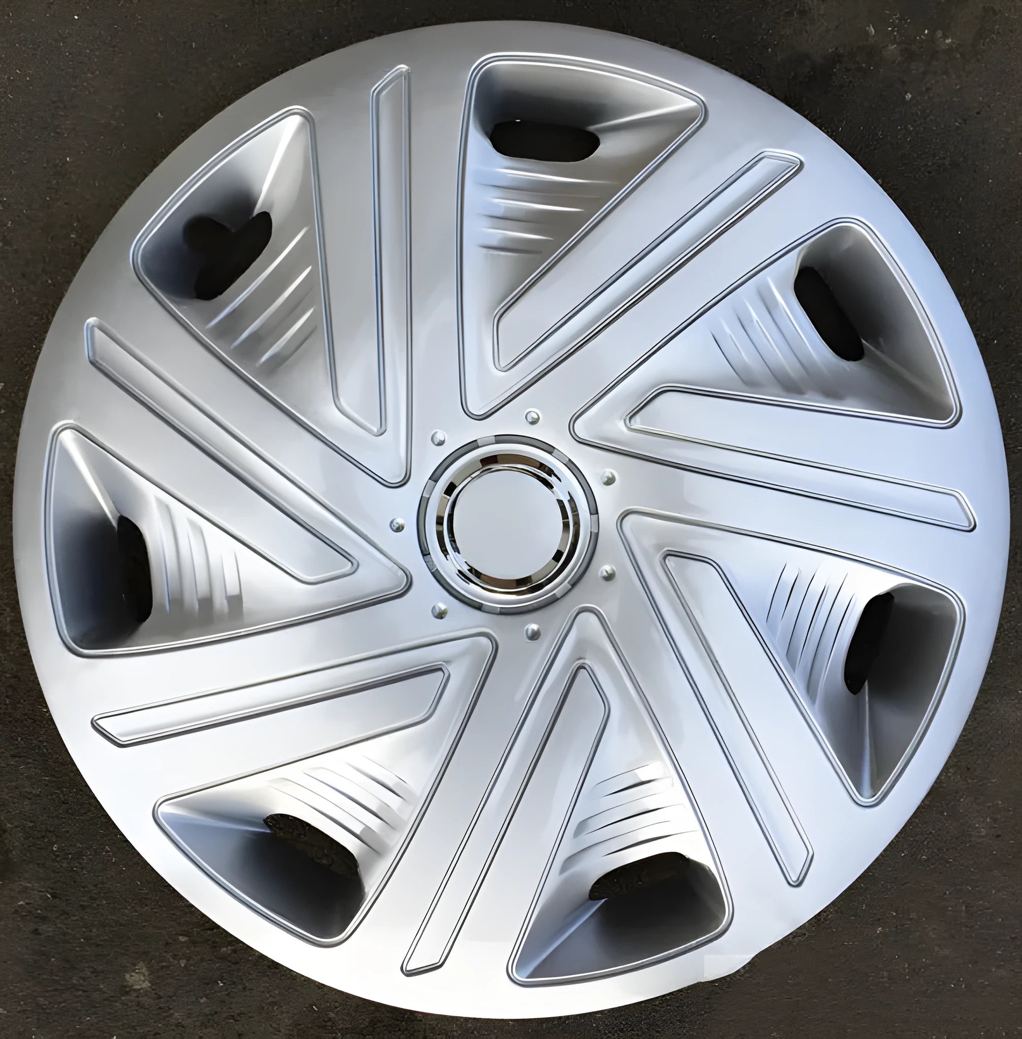 Universal ABS plastic wheel hub cover in a monochrome finish for car decoration.