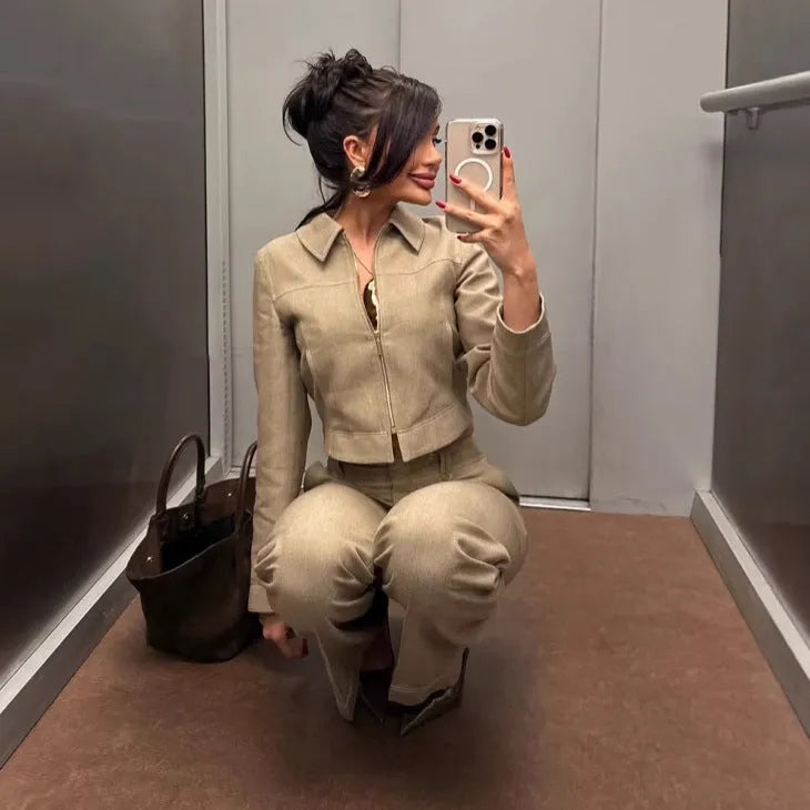 Women's polyester suit set with 3D herringbone pattern jacket and matching trousers