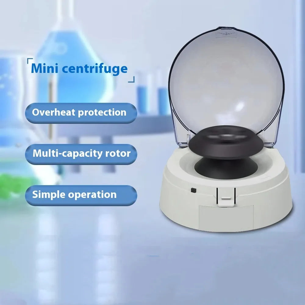 Mini laboratory centrifuge machine with compact 157x170x120mm dimensions on a benchtop.