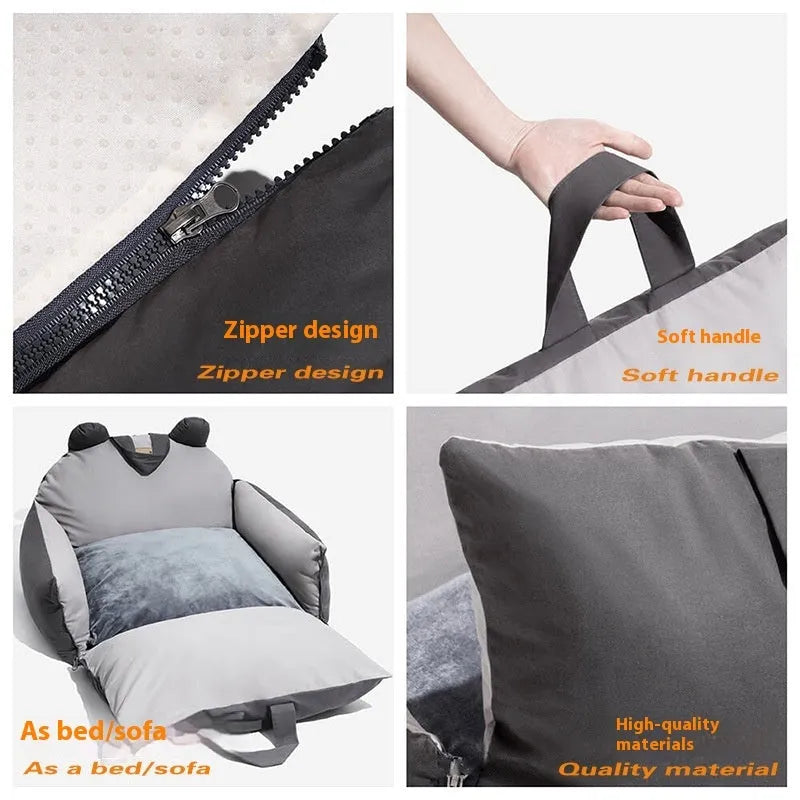Removable washable car kennel for dogs in vehicle, showing two size options and four colour variations