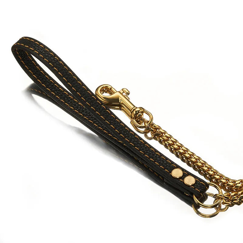 Stainless steel Cuban link chain dog hand holding rope with black leather in 10mm gold colour