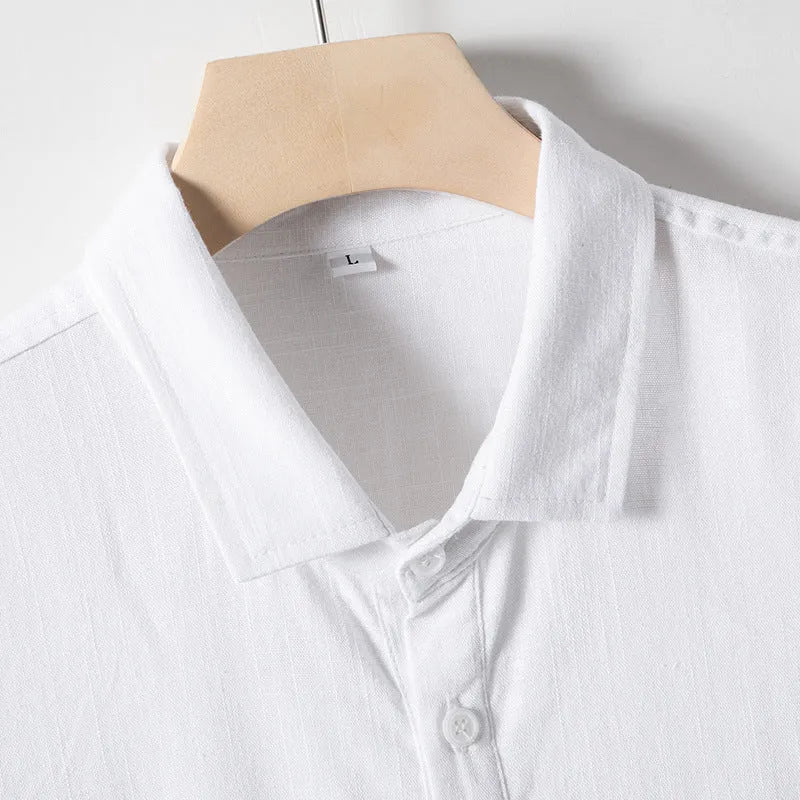 Men's loose lapel linen T-shirt in hemp blend fabric available in black, optic linen and white colours