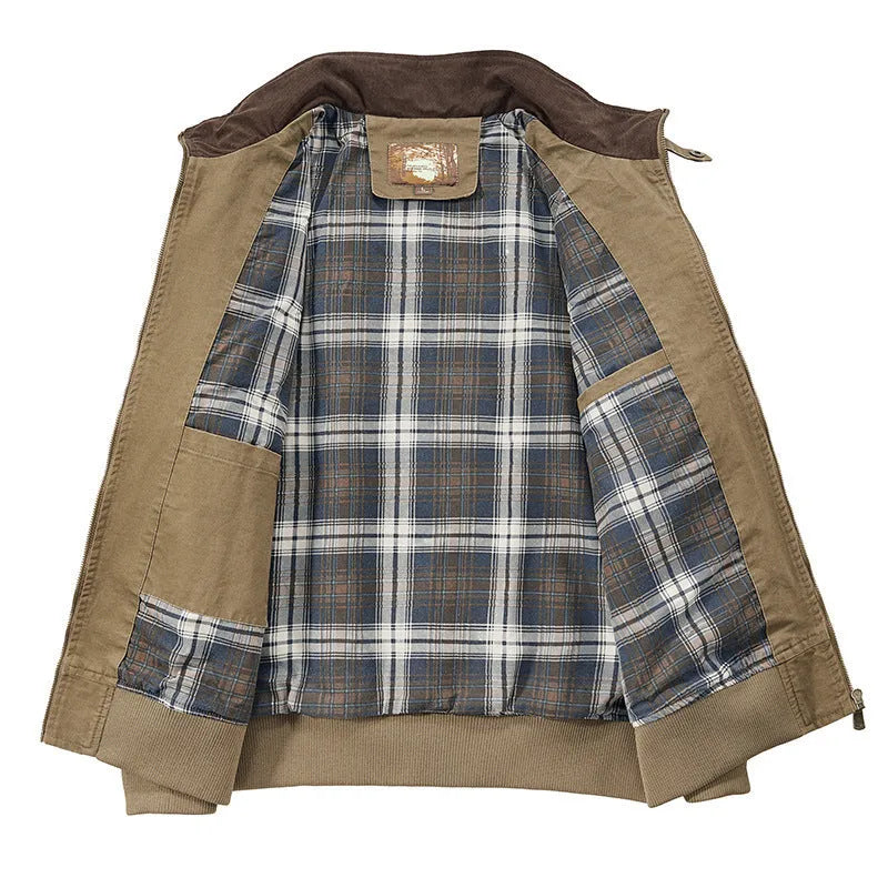 Men's plus size washed cotton baseball flight jacket in army green.