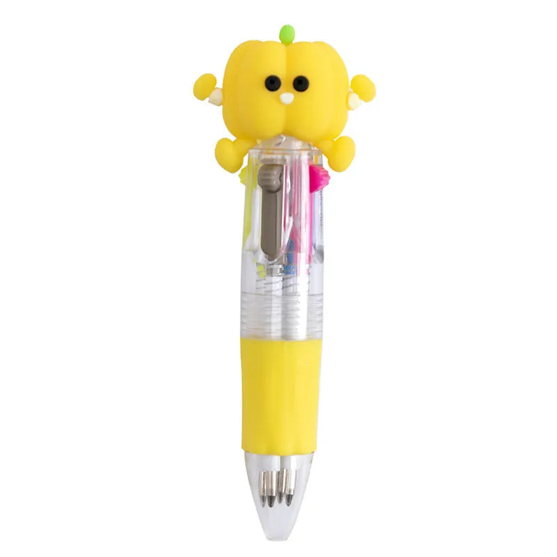 Cute cartoon press ballpoint pen showing one of five possible random designs: Cactus, Fast Food, Fruit and Vegetable, Heart Wing, or Seahorse.