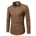 Men's loose-fit long-sleeve linen shirt on a hanger, shown in a neutral colour.