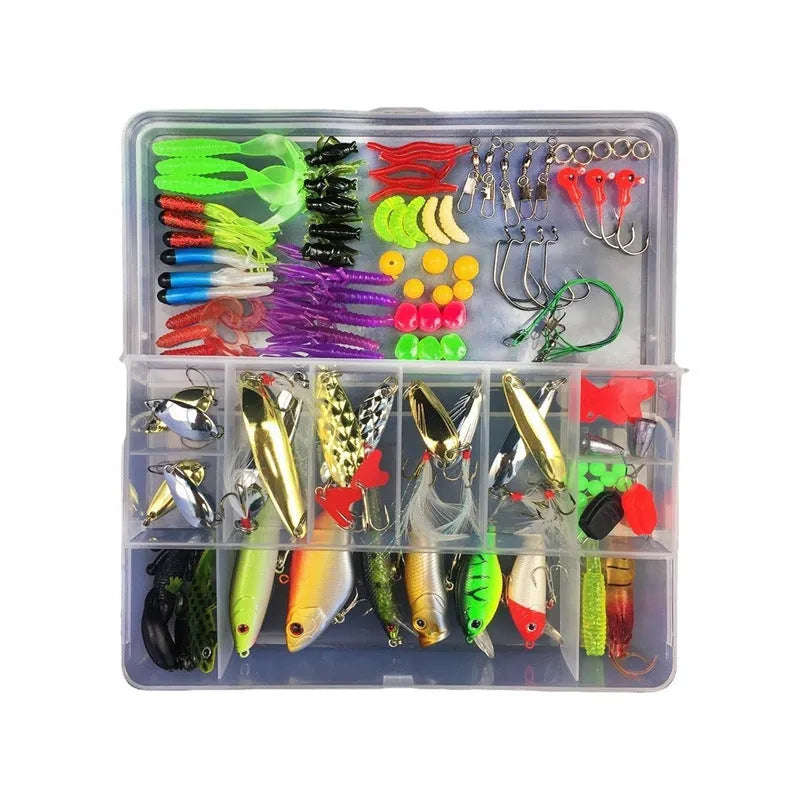 Fishing lure suit in PP plastic tackle box containing colour thread and thunder frog lures
