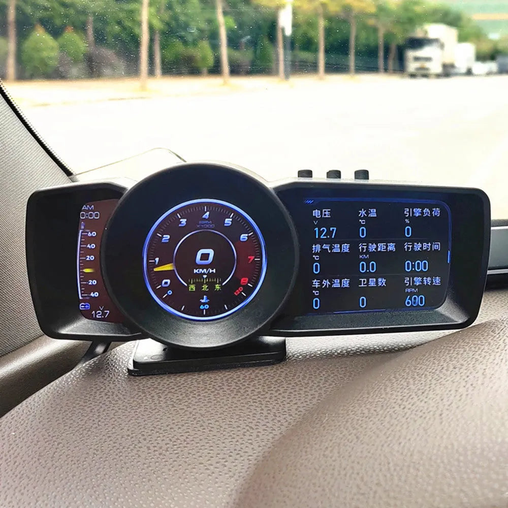 A600 OBDII monitor driving computer with HD screen showing vehicle diagnostics and GPS navigation display