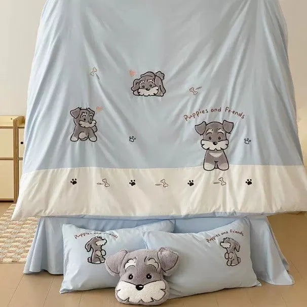 Cute Schnauzer cartoon bedding set with embroidered design on cotton quilt cover and matching pillowcases