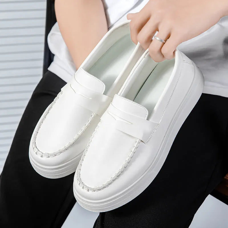 British style round toe casual shoes in PU leather, shown in white, black and white, and khaki colour options.