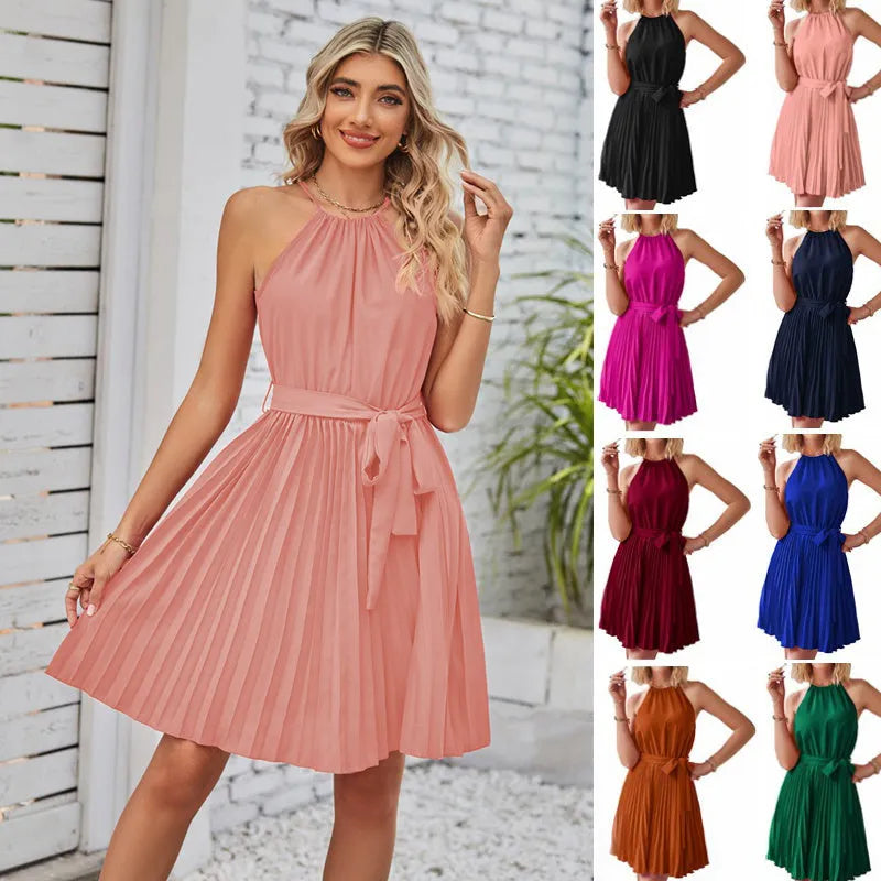 Women's black halter neck strapless dress with pleated chiffon skirt and adjustable waist belt