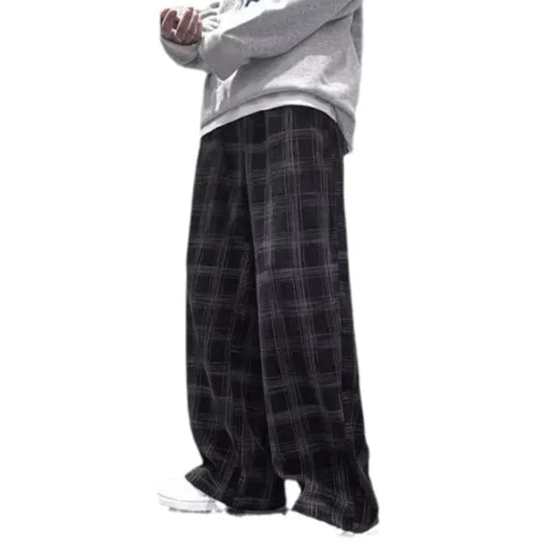 Japanese retro plaid loose fit trousers in straight leg design available in black or green