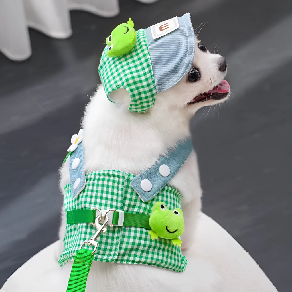 Frog cat harness and lead rope set in cotton, sized XS-XL, with frog green plaid and french fries red plaid options.