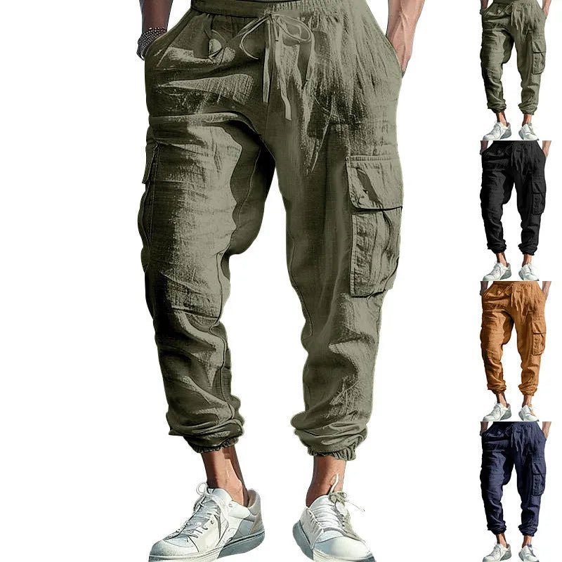 Men's linen casual trousers in Army Green with multi-pockets and an ankle tie closure.